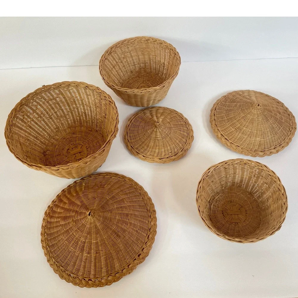 Vintage Wicker Nesting Baskets with Lids Set of 3 Natural Rattan Storage